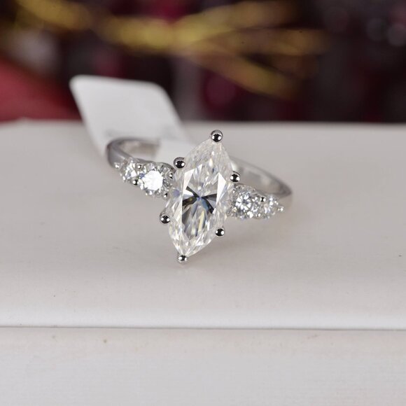 Certified 3.6tcw Marquise Cut Engagement Moissanite Ring 925 - Picture 2 of 7